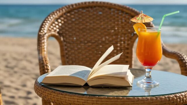 Beachside relaxation with a book and tropical drink