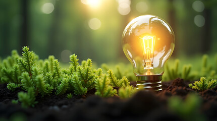 Incandescent bulb resting on fertile earth, highlighting renewal and environmental sustainability
