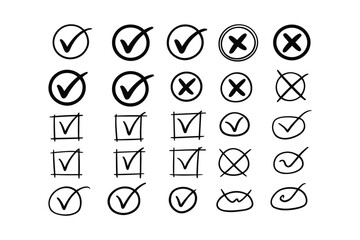 Round Check Mark and Cross Icon Collection Hand Drawn Doodle Style for Lists Vector Illustration
