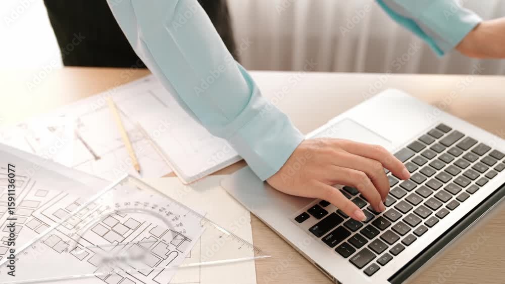 Poster architect with safety engineers' construction detail writing in blueprint watching laptop on table u