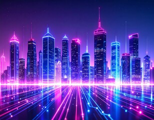 Futuristic city skyline at night