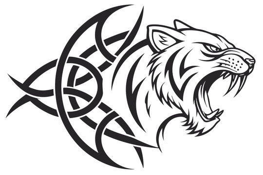 Aggressive tiger head roaring with celtic tribal design, illustration