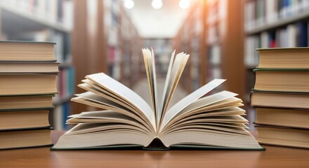 An open book lies on a wooden surface with stacks of books and library shelves blurred in the background, bathed in sunlight.