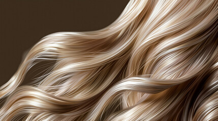 Long, luxurious golden blonde hair with soft waves and curls, shine and healthy texture against a dark background. AI generated