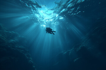 Obraz premium A lone diver's silhouette floats gracefully in deep turquoise waters as rays of light cascade from above, evoking cinematic elegance and the spirit of freedom and exploration.