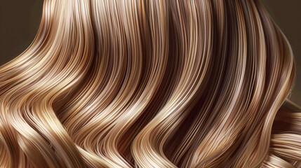 Long, luxurious golden blonde hair with soft waves and curls, shine and healthy texture against a dark background. AI generated