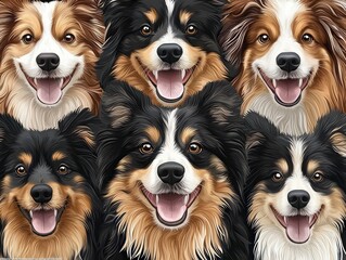 A digital illustration featuring six adorable, smiling dogs arranged in a 3x2 grid, showcasing variations in coat color and pattern with a focus on their expressive faces