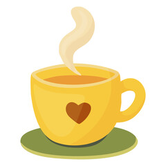 Yellow teacup with heart and steam. Flat style