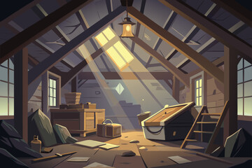 A Dusty Forgotten Attic Filled with Old Trunks and Cobwebs © Aditto Roy
