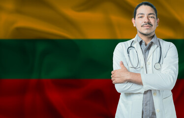 Male doctor on Lithuania flag. Doctor with crossed arms on Lithuania flag. Lithuania Health and...