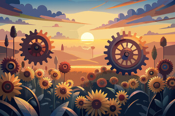A Field of Blooming Gears Growing Under a Sky Painted with Oil