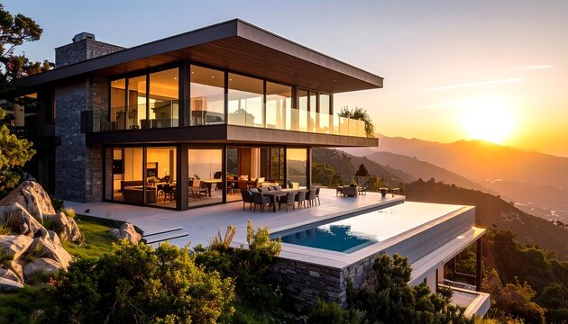 Modern luxury home perched on a hillside at sunset