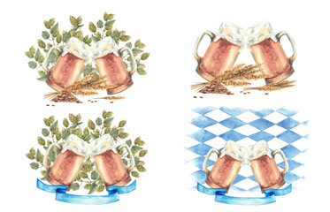 Beer mugs making cheers Oktoberfest clipart set. Spikes of malt and hop twigs, blue ribbon, rhombuses Bavarian flag background. Watercolor painted two glasses of beer toasting. Isolated illustration