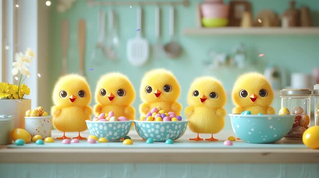 Cute yellow chicks gather around colorful bowls. cute easter chicks kitchen pastel, cute easter chicks candy bowl, cute easter chicks spring scene