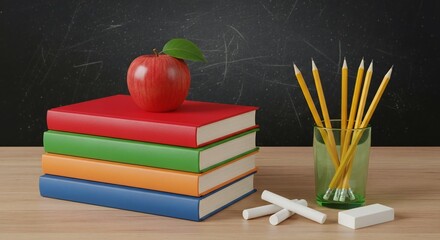 A stack of colorful books with a red apple on top, pencils in a glass, and chalk pieces on a wooden desk against a dark background.