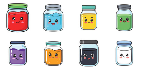 Multiple vector illustrations of bottles with cute faces