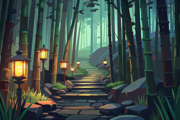 A Quiet Dense Bamboo Forest at night with a Gentle Mist
