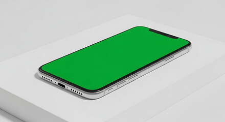 A modern smartphone with a green screen rests on a white platform.