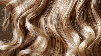 Long, luxurious golden blonde hair with soft waves and curls, shine and healthy texture against a dark background. AI generated