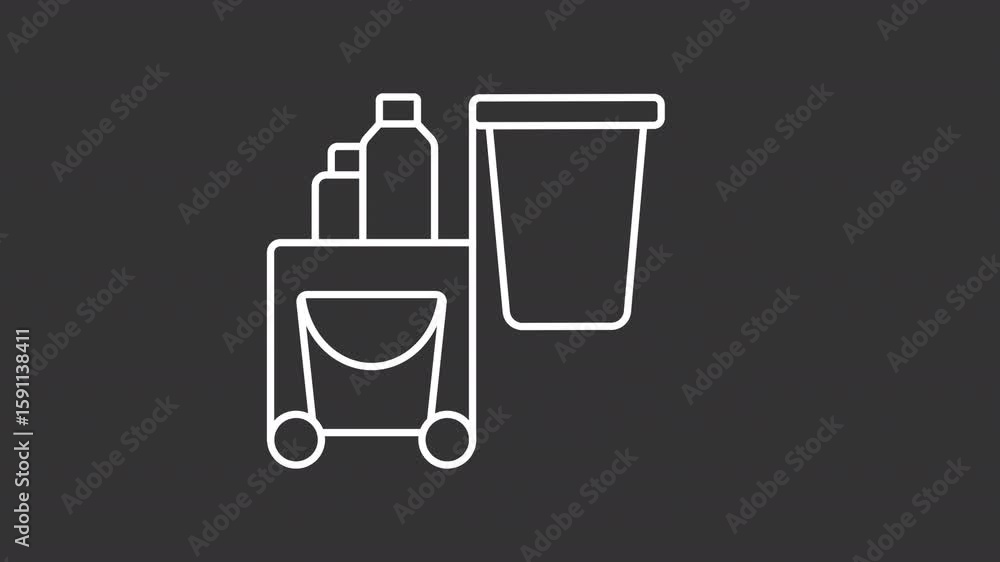 Poster cleaning service white line animation. housework tools animated icon. moving cleaner cart. shaking b
