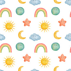 Cheerful Watercolor Seamless Pattern with Cute Rainbows, Stars, Smiling Suns, and Sleepy Clouds. Perfect for Baby Decor, Scrapbooking, Wallpaper, Wrapping Paper, and Fabric.