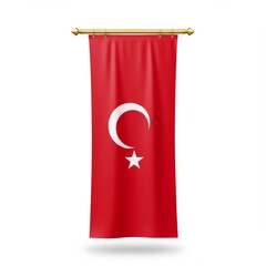 Symbolic turkish flag suspended on golden rod with subtle white backdrop