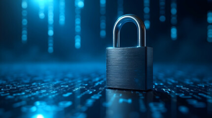 Metallic padlock centered on blue digital interface background, showcasing high-tech visual security theme with futuristic tone