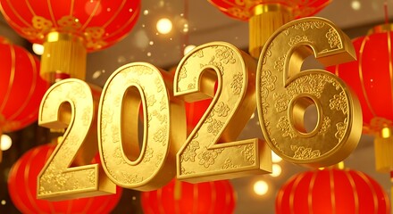Golden 2026 numbers with embossed floral patterns surrounded by red lanterns year