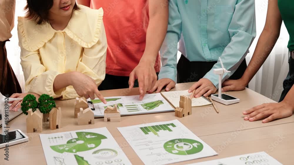Poster business team consulting and analyzing green power graph usage for future esg of company. windmill m