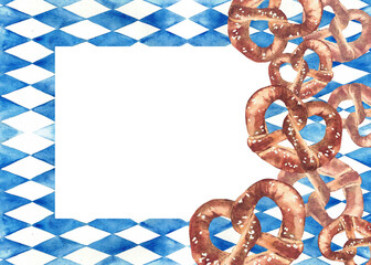 Pretzel on blue rhombuses Bavarian flags background rectangular frame. Oktoberfest traditional food, bretzel banner template. Watercolor painted isolated illustration. Clipart for menu, card, banner.