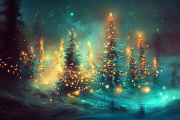 Vibrant and colorful representation of Christmas trees glowing at night.