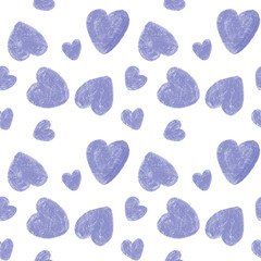Hand Drawn Purple Crayon Textured Hearts, Seamless Cute Pattern for Kids and Crafts