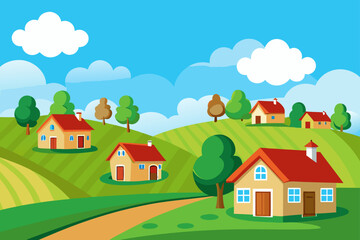 Fototapeta premium A Sunny Cartoon Countryside with Small Charming Houses