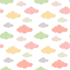 Playful and sweet seamless pattern of cartoon clouds, designed as a tileable background for gender-neutral baby products.