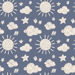 Whimsical Sky Themed Seamless Background in Beige and Blue