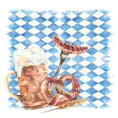 Mug of Beer with pretzel and sausage on fork on blue rhombus Bavarian flags background. Drink and food at Oktoberfest festival. Clipart for menu, card template Isolated watercolor painted illustration