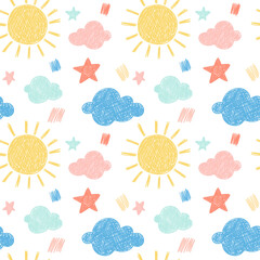 Playful Seamless Pattern with Doodle Sunshine, Stars, and Clouds in Hand Drawn Style