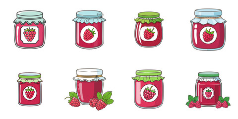Multiple vector illustrations of bottles with labels with raspberry on them


