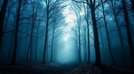 Obraz premium Eerie dark forest path with bare trees and bright misty glow branches