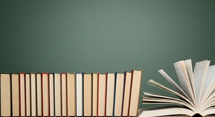A row of books, some with visible spines, sits beside an open book with fanned pages against a solid green background.