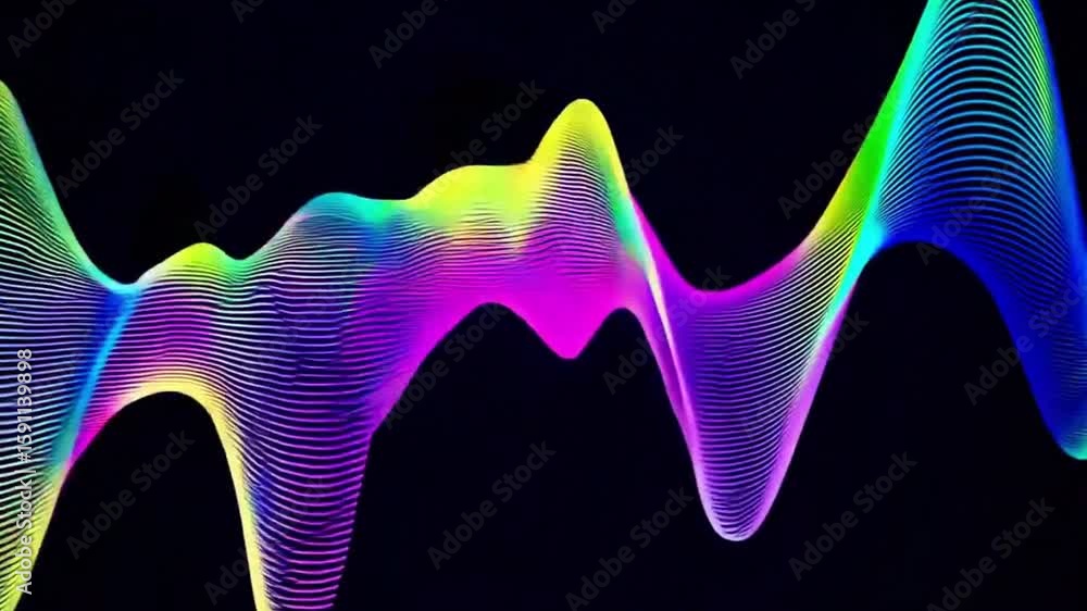 Poster a mesmerizing depiction of sound wave visualization. the dynamic arrangement of colorful waves again