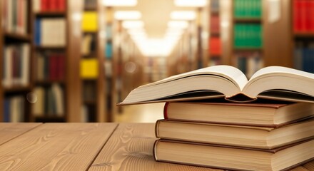Stack of books with an open book on top, sitting on a wooden table in front of blurred bookshelves in a library setting.