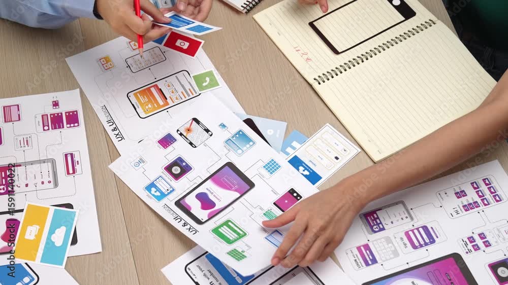 Poster top view panorama video of startup company employee planning on user interface prototype for mobile 