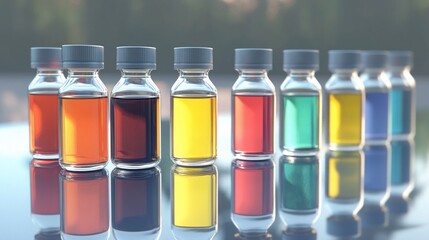 Colorful vials reflect on lab surface, forest backdrop, research