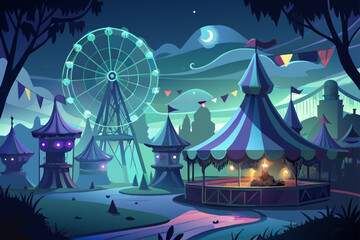 An Abandoned Carnival at Night with a Glowing Carousel