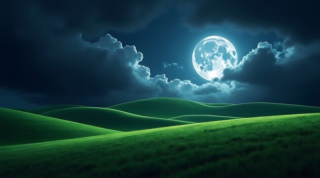 Full moon illuminates rolling green hills under a dark cloudy night sky clouds