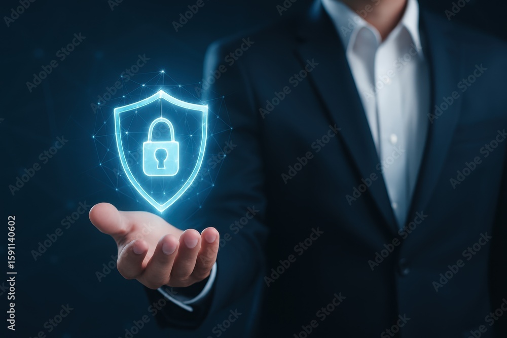 Poster businessman in suit holding digital shield with lock symbol representing cybersecurity and data prot