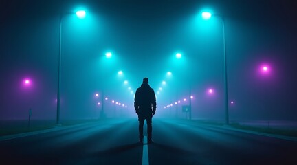 Lone figure silhouetted on foggy road with teal and magenta streetlights standing