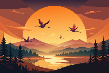 Delicate Paper Cranes Flying Across a Golden Horizon