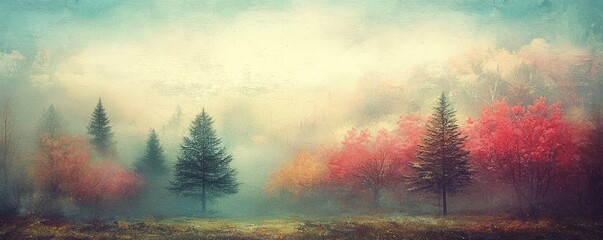 Dreamy pastel depiction of a lush forest landscape setting. 